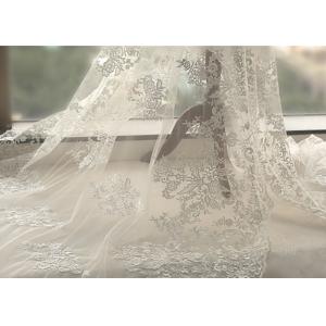 White Tulle Corded Bridal Stretch Lace Fabric , Floral Embroidered Wedding Dress Lace Fabric