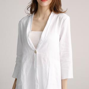 White Cotton Womens Casual Linen Shirts Jacket S M L With Open Placket