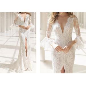 Deep V Neck Long Sleeve Lace Mermaid Wedding Fishtail High Slit Buttons Back