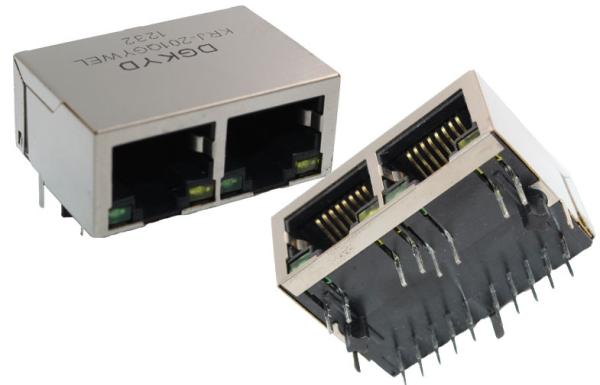 1000 BASE ganged 2 Port cat6 RJ45 Modular Jack with internal transformer RoHS compliance