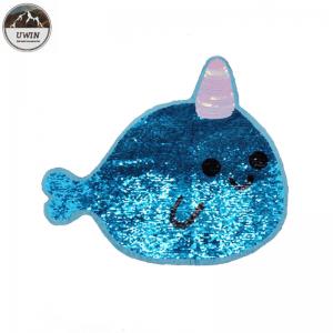 Reversible Cute Large Sequin Patches , Blue Unicorn Whale Iron On Patch