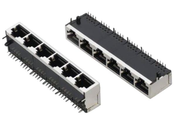1x6 multi-port Modular Jacks, right angled, tap-down, shielded