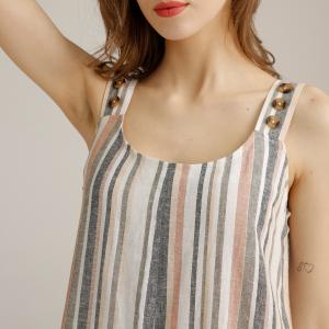 Summer Sleeveless Linen Womens Striped Casual Dress Open Neck