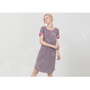 Polyester Cotton Jersey Ladies Night Dresses Sleepwear Short Sleeve Yarn Dyed Striped