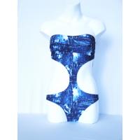 O terno de nadada azul personalizado do poliéster da cópia da sarja de Nimes com estofamento removível para meninas faz sob medida XXL