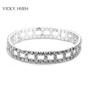 VICKY.HSIEH Silver Tone Glamour Crystal Rhinestone Wedding Bridal Social Stretch Bracelet