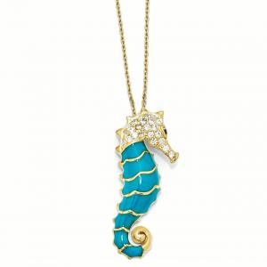 925 Sterling Silver Gold Plated Enameled Cubic Zirconia Cz Seahorse 18 Inch Chain Necklace Pendant Charm Sea Life