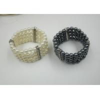 Elastic 4 Row Pearl Bead Charm Bracelets With Jewel Pearl , White / Black