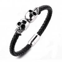 Fashion jewelry custom engraved leather bracelet stainless steel magnetic clasps leather men skull bracelet