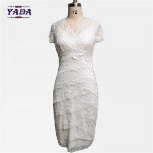 Fashion lace v-neck short sleeve elegant women ladies white dress for mature woman