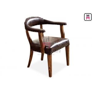 China Brown Indoor Rustic Leather Chair / Sturdy Oak Wood Dining Chair With Armrest supplier