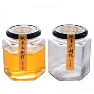 China 280ml Clear Hexagonal Shape Glass Jam Jar With Screw Top Lid Machine Made supplier