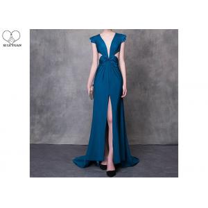 Cyan V Neck A Line Cocktail Dress High Slit Back Hollow Sexy Style With Bowknot