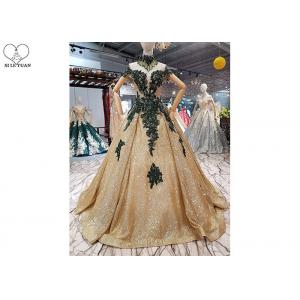 China Sparkly Gold Off The Shoulder Prom Dress Green Lace Short Sleeve Sweep Train supplier