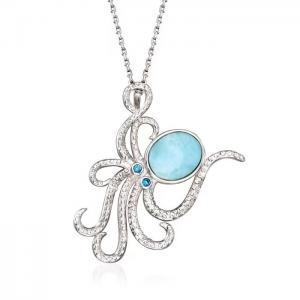 Larimar Octopus Pendant Necklace In Sterling Silver With CZ Accents