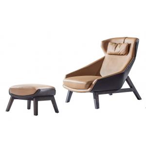 China Italy design furniture Leisure chair with ottoman in Armchair stool used Leather upholstered and Oak wood legs Chair supplier