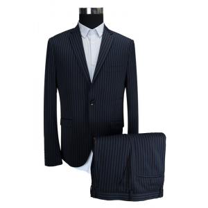 Two Button Mens Slim Fit Tailored 2 Piece Suit Navy Black Stripe Breathable