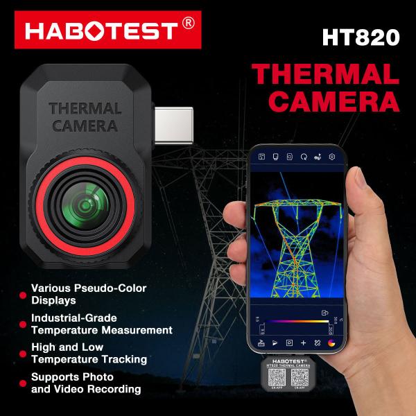 Habotest HT820 portable high-precision rapid-response plug-and-play thermal image camera with a resolution of 256*192, which is superior to that of smart phone thermal image cameras.