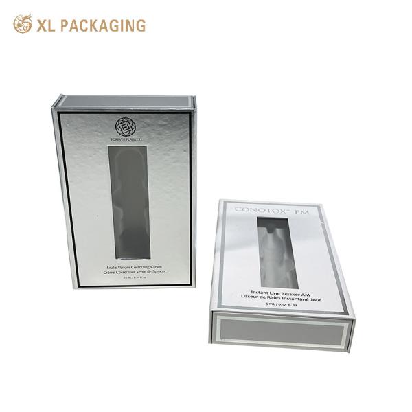 Caja de papel cosmético de lujo de plata magnética, caja de perfume con ventana