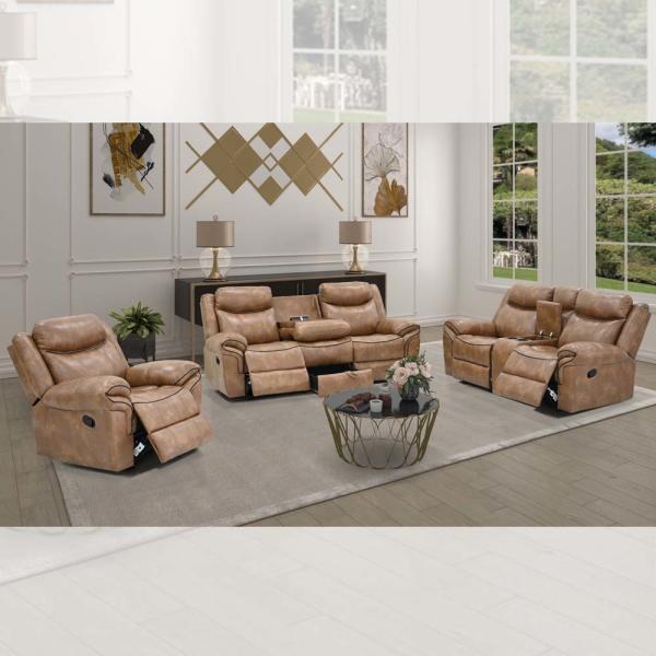 Recliner Sofa set with Dropdown Table and Drawer and Storage Box, Brown Fabric-like vinyl
