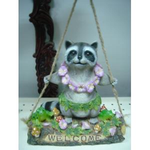 China Decorative whimsical Epoxy Resin Garden Crafts decor Racoon Playing on Swing supplier