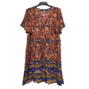 Colorful Printing Plus Size Womens Summer Clothes With Frill Sleeve Buttons