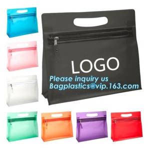 China travel use frosted pvc cosmetic zipper bag with logo, zip slider pipping cosmetic hand sample promotion bags, Clear PVC supplier