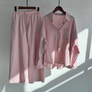                  Wholesale Women&prime;s Spring Set Retro Plus Size Cotton and Hemp Shirt Suit High Waist Loose Trousers Casual Shirt Suit             
