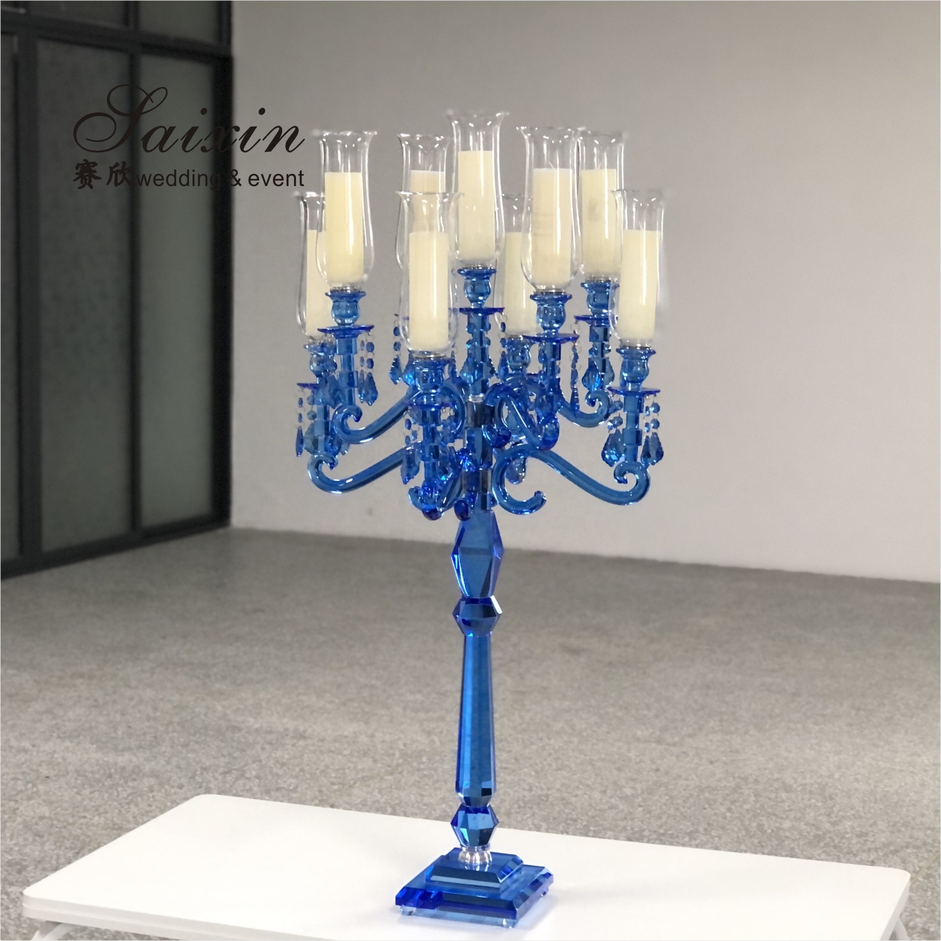 Blue Crystal Candelabra 9 Arm Crystal Chandelier Candlesticks Table Decoration