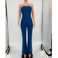 China Small Quantity Garment Manufacturer Women'S One Piece Backless Color Block Denim Jumpsuit With Front Zipper on sale