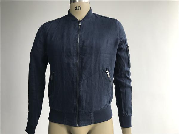 Navy Linen Jacket Short Trench Coat Men With Rib Collar And Gunmetal Zip