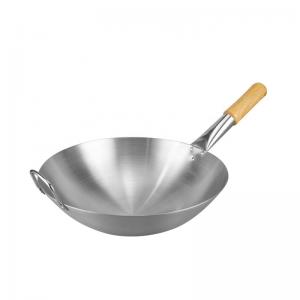 Restaurant Hotel Steel Kitchen Wok Pan With Wooden Handle  Stainless Steel 201 Wok