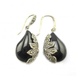 Sterling Silver Marcasite Earrings Black Onyx Retro Jewelry (JA1729BLACK)