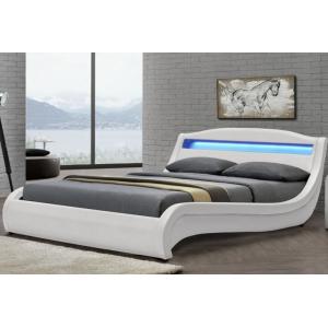 Double White LED Upholstered Bed Frame With Lights Small Leather Padded Sleigh Bed
