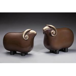 Brass Sheep Indoor Animal Statues Brown Painting Cartoon Style Office Decoration