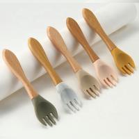China Food Grade Silicone Forks And Spoons Heat Resistant With Wooden Handle on sale