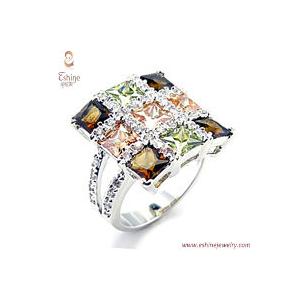 China Spectacular Multi-color Semi-precious Checkboard Brass finger ring set with clear AAA CZ supplier