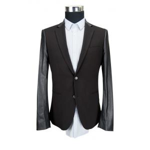 Leather Sleeves Mens Tailored Casual Blazer Jacket , Mens Black Blazer Jacket