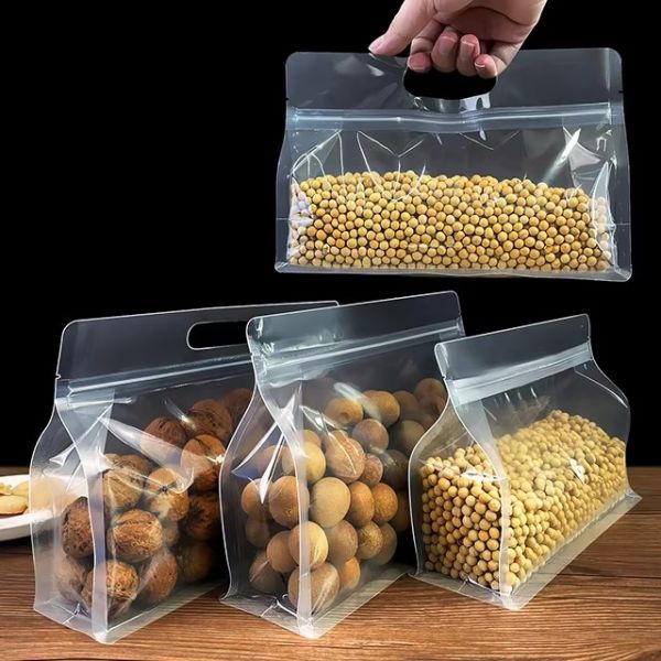 Flat Bottom Pouch Transparent 8-Side Zipper Bag Clear Matt Food Packaging Rectangle Plastic Bags with Handle