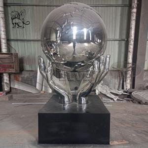 Stainless Steel Holding Earth Sculpture Large Mirror Polished Metal World Globe Statues Decoration Outdoor Square Custom