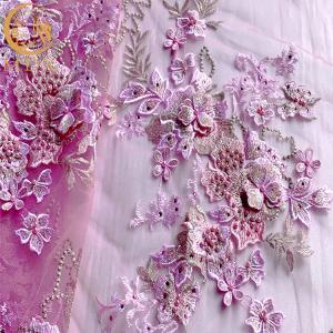 China Bridesmaid Dress 3D Flower Lace Fabric With Beads Embroidered supplier