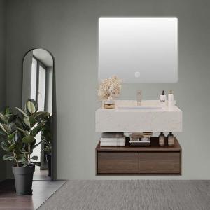 Walnut Color Solid Wood Wall Mounted Bathroom Vanity With LED Mirror