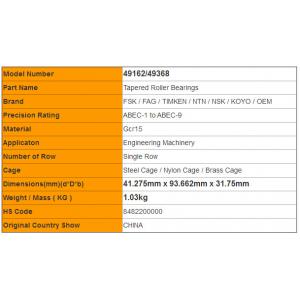 China NTN 49162/49368 TS mecanografían a rodamientos de rodillos el acero inoxidable 41.275m m x 93.662m m x 31.75m m wholesale