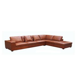 Vintage Genuine Brown Leather Sectional Sofa Couches With Wooden Legs