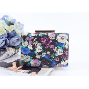 Flowers painting printed surface pu metal frame rectangle shaped pu clutch bag for women