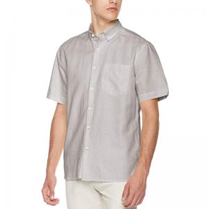China Tab Cuff Loose Linen Cotton Button Down Shirt Mens Grey Short Sleeve Shirt supplier