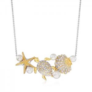 4-5.5mm Cultured Pearl and .14 ct. t.w. Diamond Sea Life Necklace in Sterling Silver and 18kt Gold Over Sterling Details