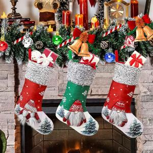 Christmas Stockings 3Pack, 18" Large 3D Gnome Santa Xmas Stockings Decorations with Plush Faux Fur Cuff,