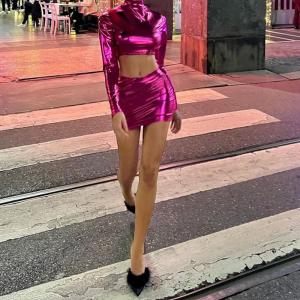 China Metallic Shiny Sexy Women'S Casual Dress Midriff-Fitting Party T-Dress Buttock supplier