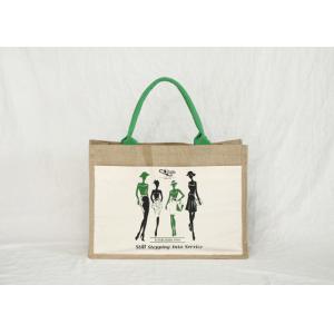 Green Handle Personalised Jute Bags Natural Color Customized Patterns